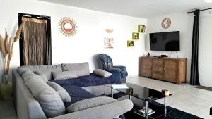 a living room with a couch and a tv at TURQUOISE in Linxe