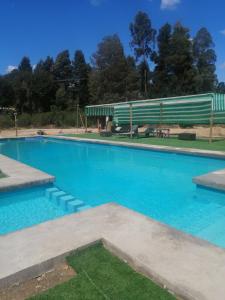 a large swimming pool with blue water in a park at Cabañas Montina Hualqui piscina y tinaja in Concepción +2 photos