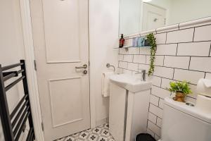 a white bathroom with a sink and a mirror at Superb Marina Hideaway- With kitchen and Wi-Fi in Dublin