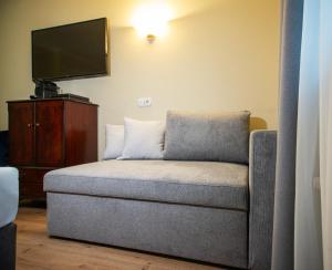 a living room with a couch and a flat screen tv at Hotel Altmünchen by Blattl in Munich