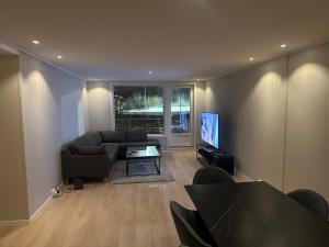 a living room with a couch and a tv at Gullvikvegen 33 in Namsos