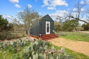 a green tiny house in a field with cacti at Twilight Ranch Tiny Homes - pet friendly & hill country views in Fredericksburg
