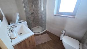 a bathroom with a sink and a shower and a toilet at Chata Relax 1 in Pribylina