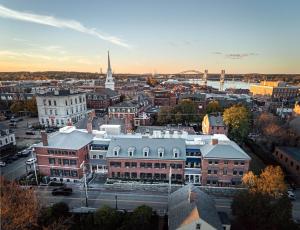 an aerial view of a city with buildings at Treadwell Mansion in Portsmouth