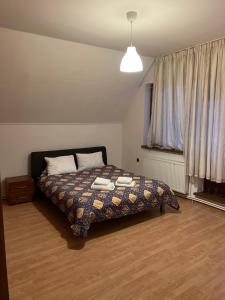 a bedroom with a bed with a comforter and a window at Vila Maria in Roman