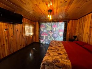 a bedroom with a bed in a wooden room at Cabaña OLIN in San Mateo Río Hondo +2 photos