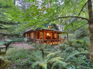 a wooden cabin in the woods with trees at Mountain Air Cabin in Welches