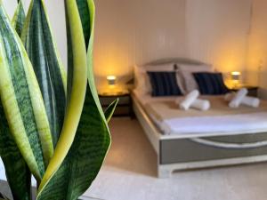 a bedroom with two beds and a plant in the foreground at Kritamos Beach House - Near the Beach with Easy Parking in Matala