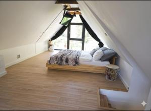 a bedroom with a bed in a room with a window at Refugiul Apusenilor in Scărişoara