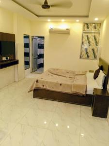 a bedroom with a large bed and a television at Hotel Alpine in Chandīgarh