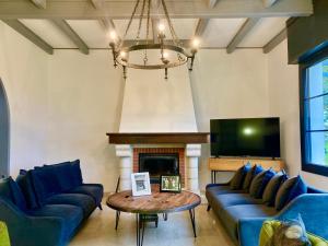 a living room with blue couches and a tv at VILLA CLEMENTINE in Aignan