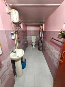 a pink bathroom with a sink and a toilet at Hemalata Heritage Home in Guwahati