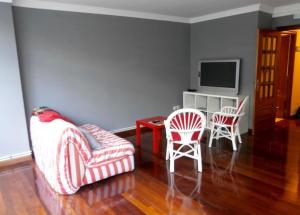 a living room with a couch and chairs and a television at A Barca de Pedra in Padrón