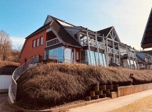 a large house with a large bush in front of it at Maisonette am See in Seedorf