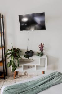 a white cabinet with plants on top of it at Loft Recanto Dos Cavalheiros! Com Ar Condicionado! in Macaé