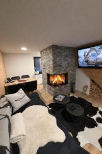 ein Wohnzimmer mit Kamin und Fernseher in der Unterkunft Tiny House IBEX in Saas-Fee