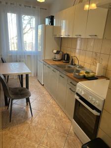 a kitchen with a sink and a stove and a table at Włocławek Norwida in Włocławek