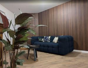 a blue couch in a living room with a plant at Maison Terracotta in Saint-Priest-en-Jarez +1 photo