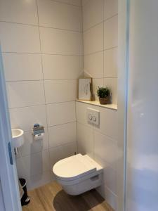 a small bathroom with a toilet and a sink at Kustgeluk-Luxe aan Zee, splinternieuw appartement in het hart van Koudekerke in Koudekerke +14 photos