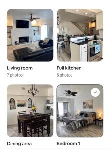 a collage of pictures of a living room and dining area at Lakeside Sunset - Hot Tub, Pool Table, Beautiful Views!! in Canyon Lake +35 photos
