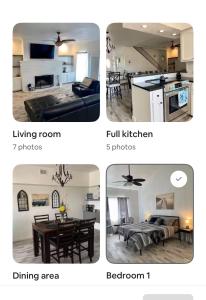 a collage of three pictures of a kitchen and a dining room at Lakeside Sunset - Hot Tub, Pool Table, Beautiful Views!! in Canyon Lake