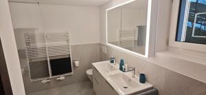 a bathroom with a sink and a toilet and mirrors at Nebelmeer Chalet Grabs mit Panorama über das Rheintal in Grabs