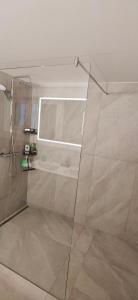 a shower with a glass door in a bathroom at Nebelmeer Chalet Grabs mit Panorama über das Rheintal in Grabs +3 photos