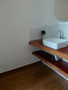 a bathroom with a white sink on a wooden shelf at Pouso do Rancho in São José do Barreiro +1 photo