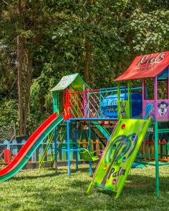 a playground with a slide in the grass at Njukiini Forest Lodge in Embu