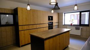a kitchen with wooden cabinets and a counter top at NAD Inn in Sătic