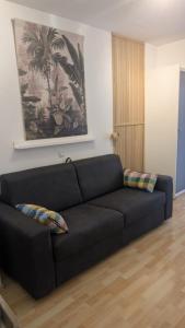 a black couch in a living room with a painting at T1 curistes et vacances in Dax +1 photo