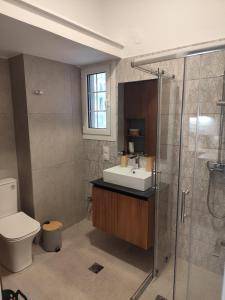 a bathroom with a toilet and a sink and a shower at Parastaseis One Bedrooom Flat Georges Square in Patra +19 photos