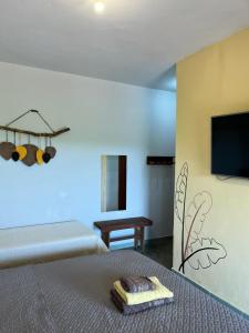 a hotel room with two beds and a flat screen tv at Quintal de minas Pousada in Delfinópolis