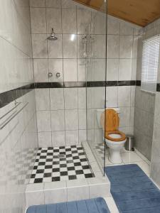 a bathroom with a toilet and a glass shower at IVCA Cottage in Addo