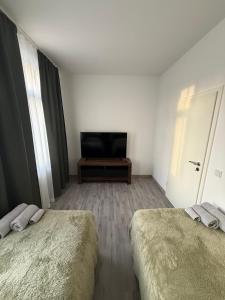 a room with two beds and a television in it at Andoniev in Salzelmen