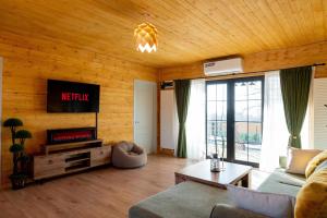 a living room with a couch and a tv at Natural cottage in Saguramo