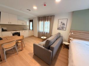 a bedroom with a couch and a table and a kitchen at Apartamentos Ésera in Santa Liestra y San Quílez +70 photos