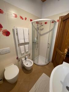 a bathroom with a shower and a toilet and a sink at Residenza Airone in Vicenza