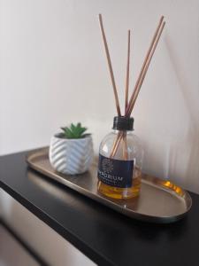 a plate with a bottle of syrup and a plant at Apto no Centro de Porto Alegre in Porto Alegre