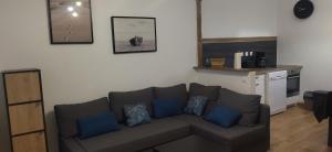a living room with a gray couch with blue pillows at Les Hirondelles in Berck-sur-Mer