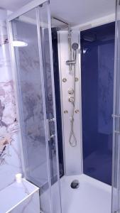 a shower with a glass door in a bathroom at Le séjour in Champigny-sur-Marne