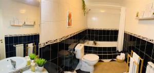 a black and white bathroom with a toilet and a sink at Vale de Azereiros Apartamentos - Alojamento no Gerês in Geres