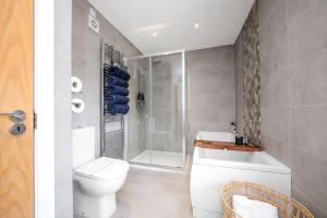 a bathroom with a white toilet and a shower at Mournes Hot Tub Retreat, 4-Star Accommodation in Newcastle +42 photos