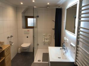 a bathroom with a shower and a sink and a toilet at Ferienwohnung Lederhose in Bischofswiesen +27 photos