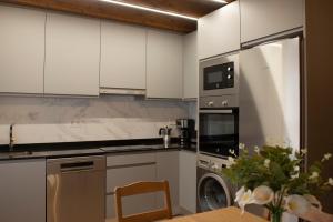 a kitchen with white cabinets and a washer and dryer at Apartamentos Miguel 2 in Onís +13 photos