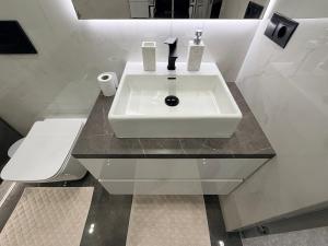a bathroom with a white sink and a toilet at CityView Lodge in Chişinău +157 photos