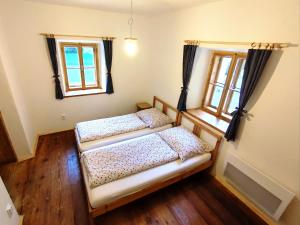 two beds in a room with two windows at WildAlps-Apartments in Wildalpen