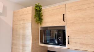 a black microwave sitting inside of a wooden cabinet at Le Terrier in Noisiel
