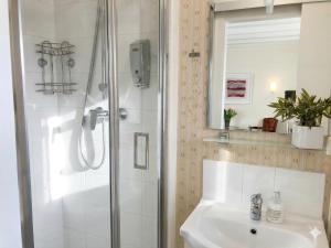 a bathroom with a shower and a sink at Rhein River Guesthouse - direkt am Rhein in Leverkusen