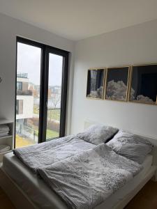 a white bedroom with a bed and a window at Traum - Apartment mit Spa im Haus in Dortmund